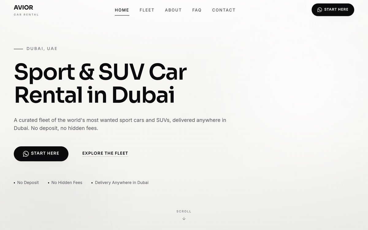 Naslovna strana AVIOR sajta — iznajmljivanje sportskih automobila i SUV vozila u Dubaiju