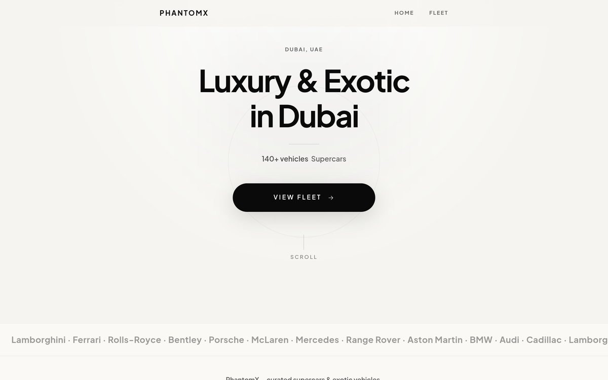 Naslovna strana PhantomX sajta — iznajmljivanje luksuznih i egzotičnih vozila u Dubaiju