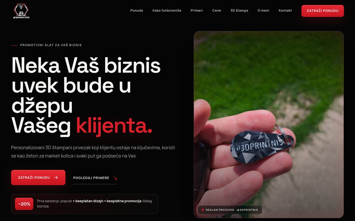 Naslovna strana sajta 3D Print Niš — personalizovani promotivni privesci od 3D štampe