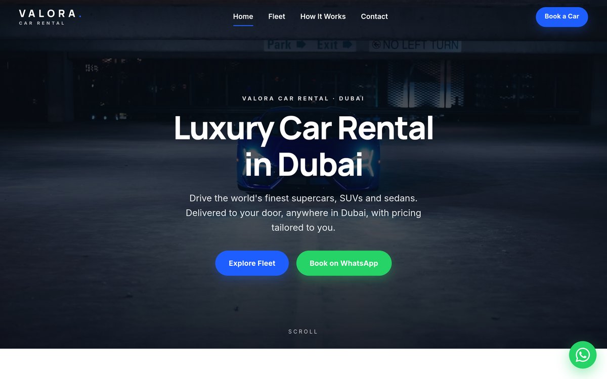 Naslovna strana sajta Valora Car Rental — iznajmljivanje luksuznih automobila u Dubaiju